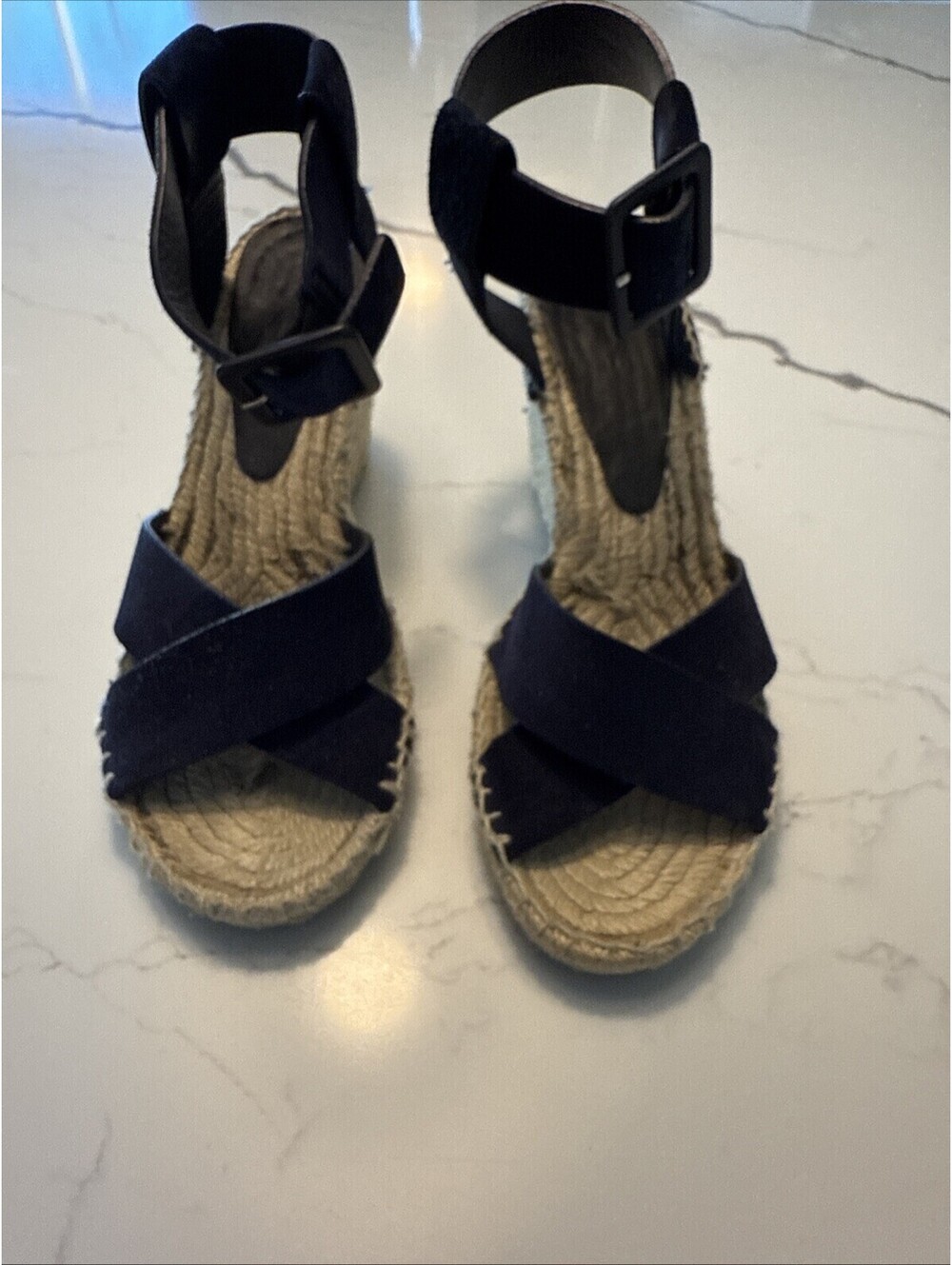 Vince Espadrille Sandals Shoes Women's Size 7 Navy Blue Suede Strappy Wedge
